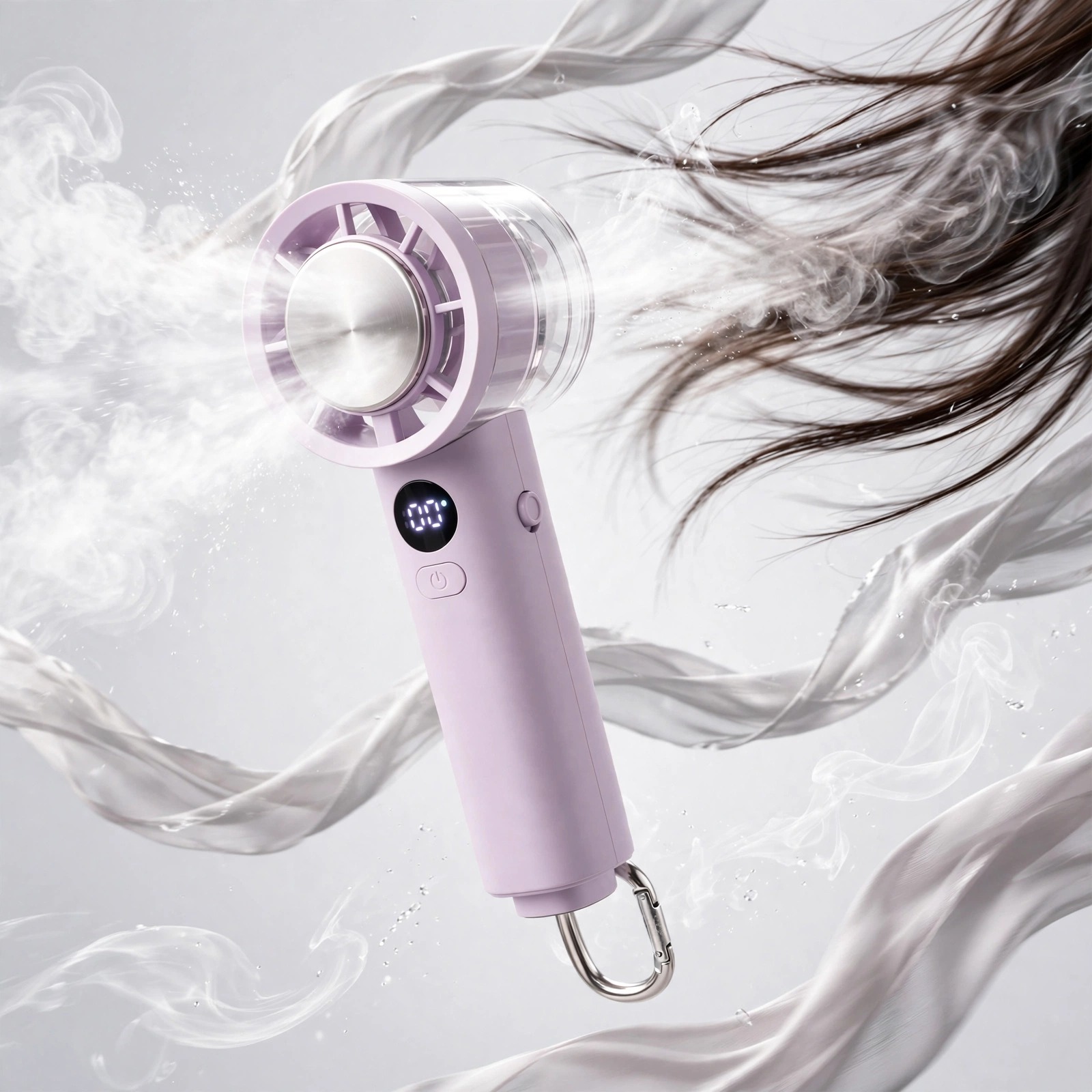 Démonstration de la puissance du flux d'air et de la brume rafraîchissante dégagée par le mini ventilateur à main SM82.