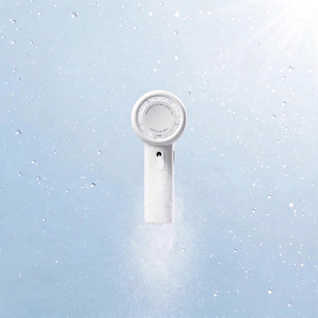 Vue de face du mini ventilateur brumisateur portable SW03, affichant un design blanc, épuré et minimaliste.