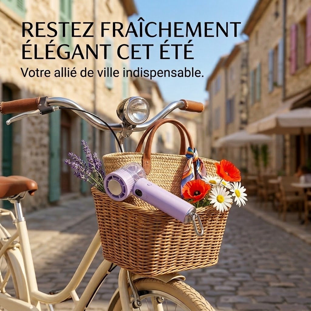 Le ventilateur portable SM82 transporté dans le panier d'un vélo en ville, l'allié parfait pour rester au frais avec style.
