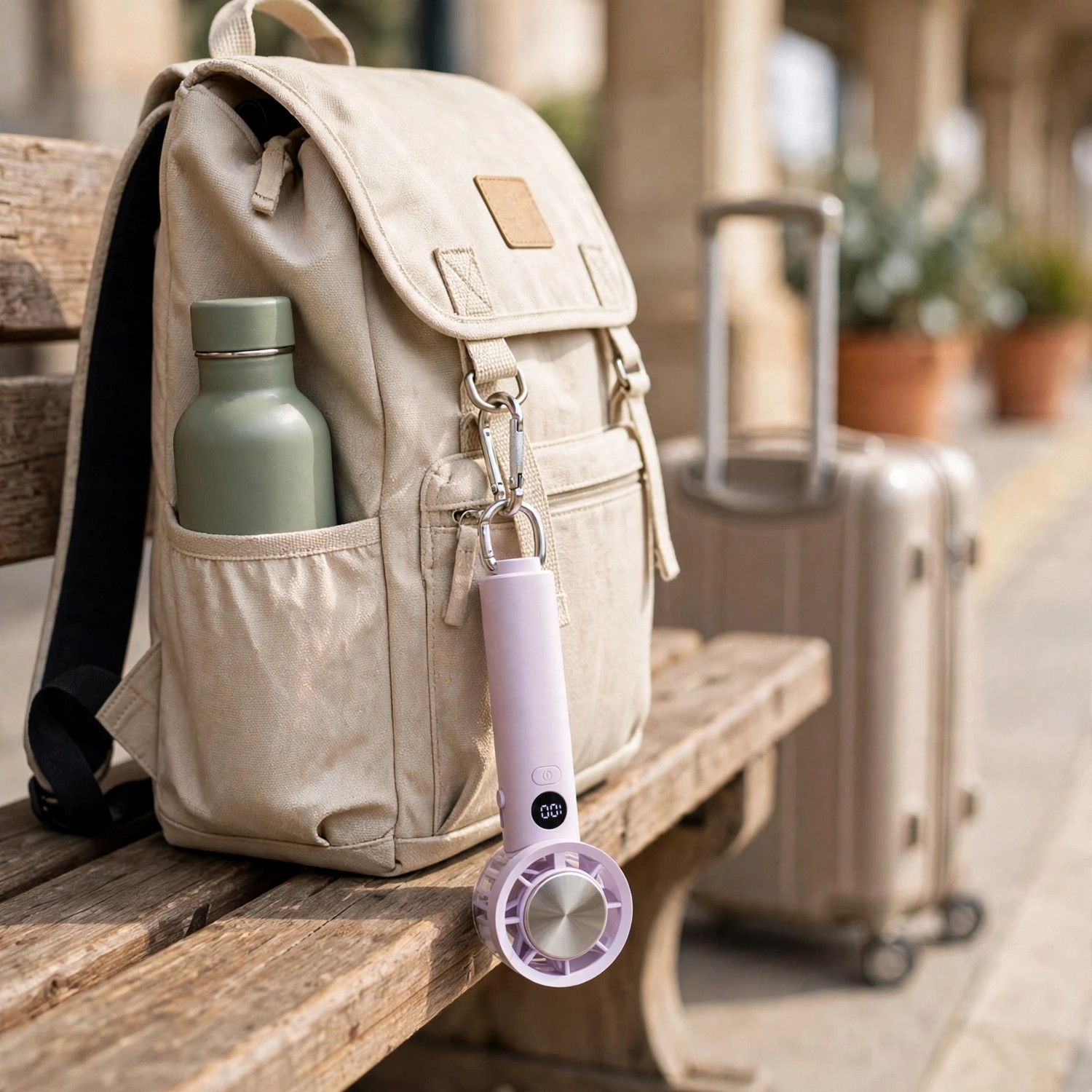 Mini ventilateur portable SM82 rangé de manière compacte dans un sac à dos avec des bagages, idéal pour les voyages et déplacements.