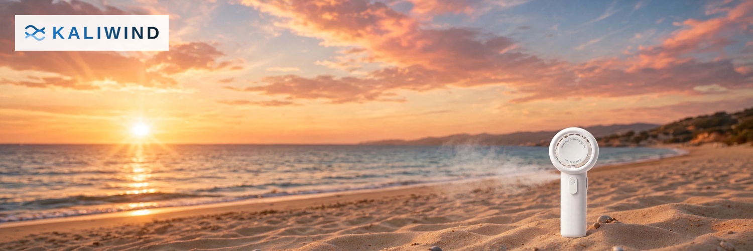 Bannière d'illustration du mini ventilateur portable SW03 mis en scène devant un magnifique coucher de soleil à la plage.