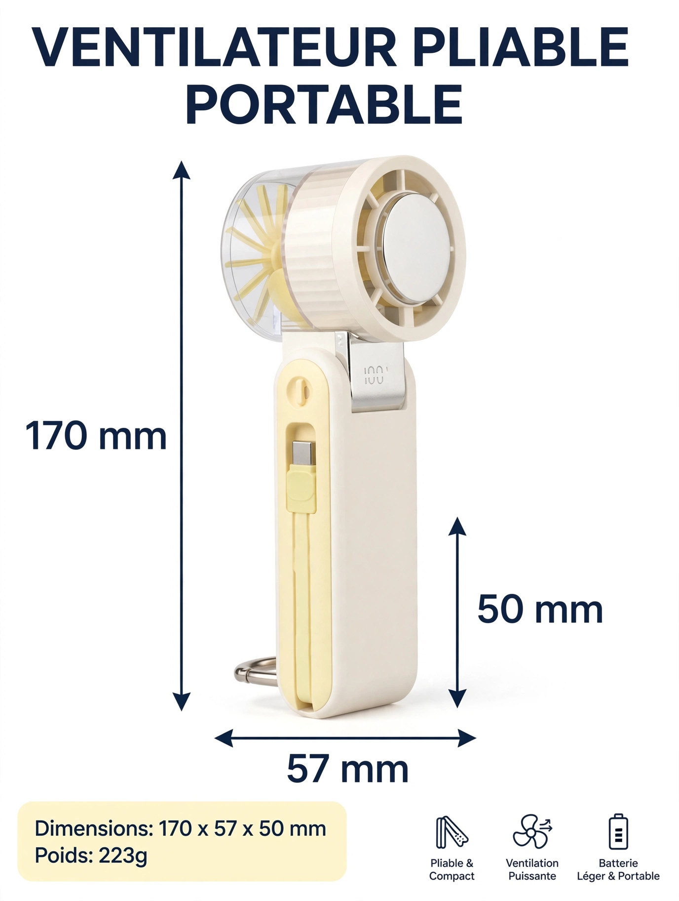 Schéma des dimensions ultra-compactes du mini ventilateur portable SM102 : 170 mm de hauteur sur 50 mm de largeur, idéal pour le glisser dans un sac.